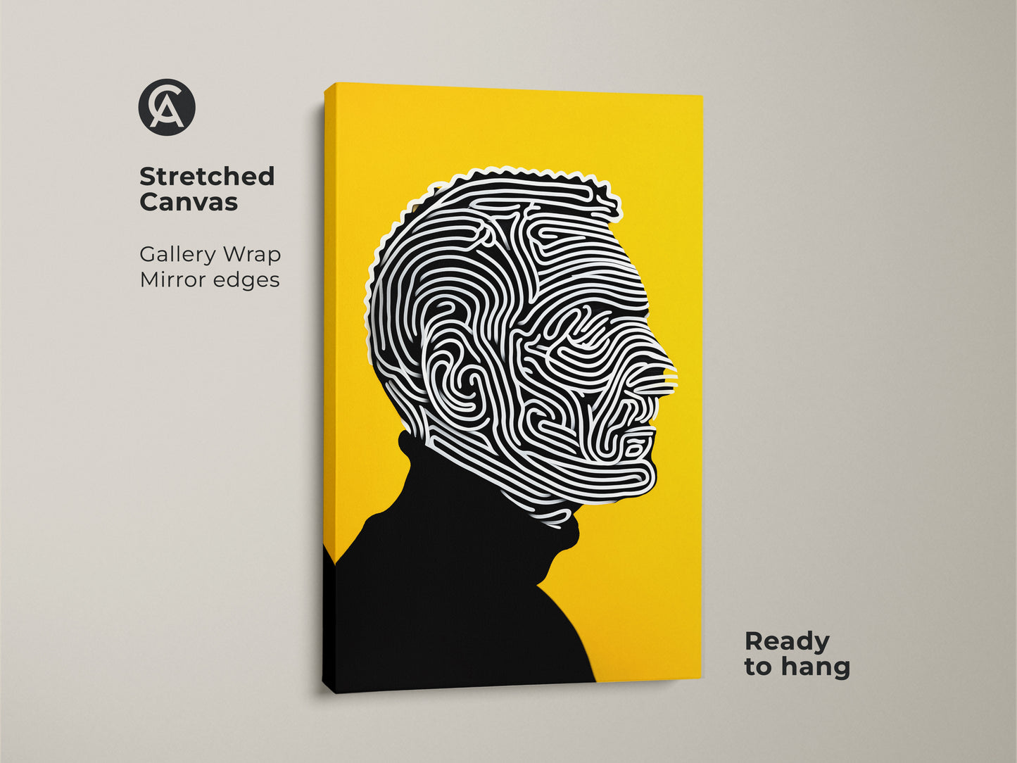 Stretched canvas artwork with gallery wrap. The artwork features a striking black and white line art portrait. It is set against a vibrant yellow background. The canvas has mirror edges. This ready-to-hang artwork offers a modern and sophisticated aesthetic.
