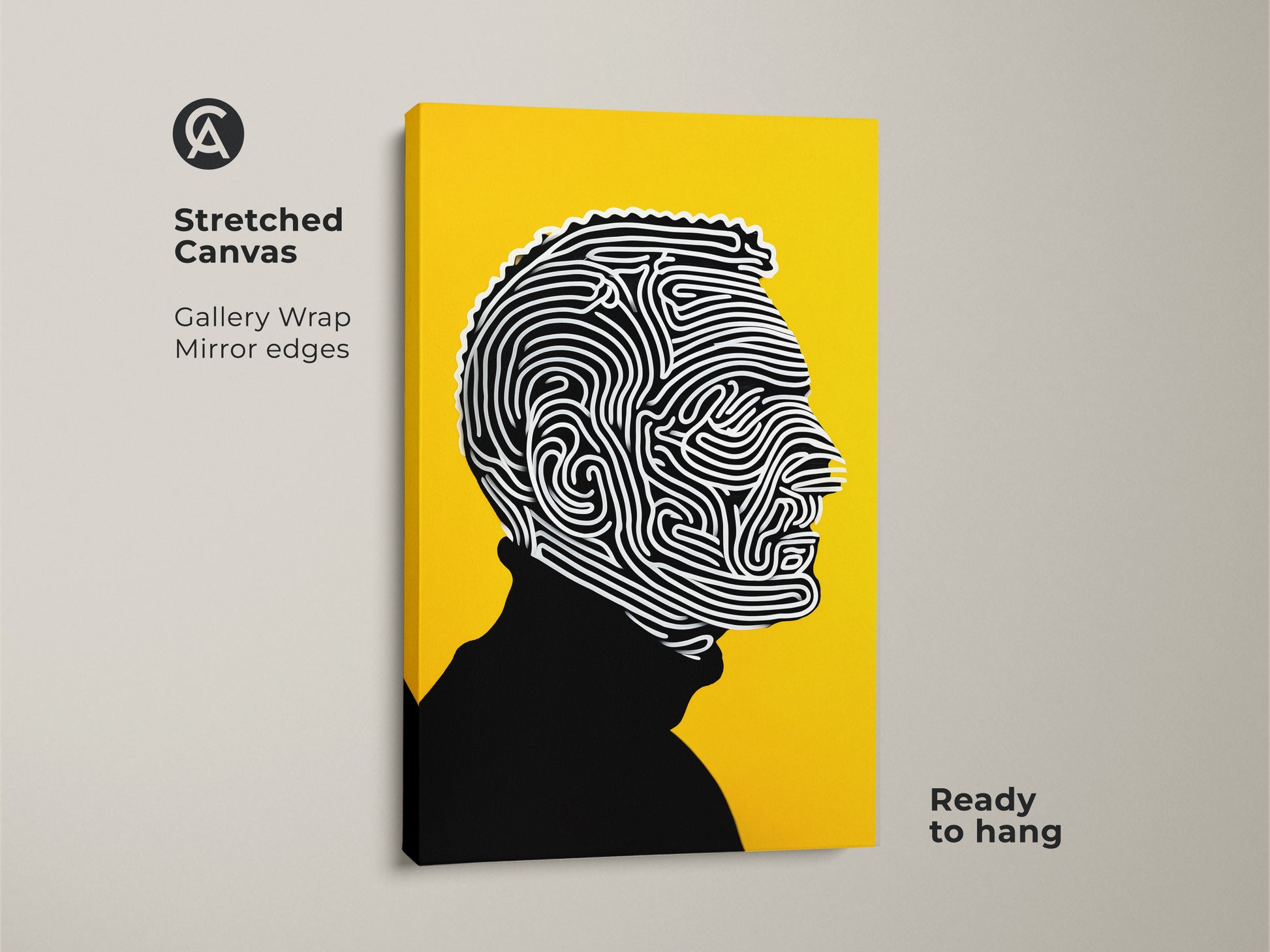 Stretched canvas artwork with gallery wrap. The artwork features a striking black and white line art portrait. It is set against a vibrant yellow background. The canvas has mirror edges. This ready-to-hang artwork offers a modern and sophisticated aesthetic.
