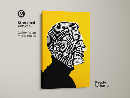 Stretched canvas artwork with gallery wrap. The artwork features a striking black and white line art portrait. It is set against a vibrant yellow background. The canvas has mirror edges. This ready-to-hang artwork offers a modern and sophisticated aesthetic.
