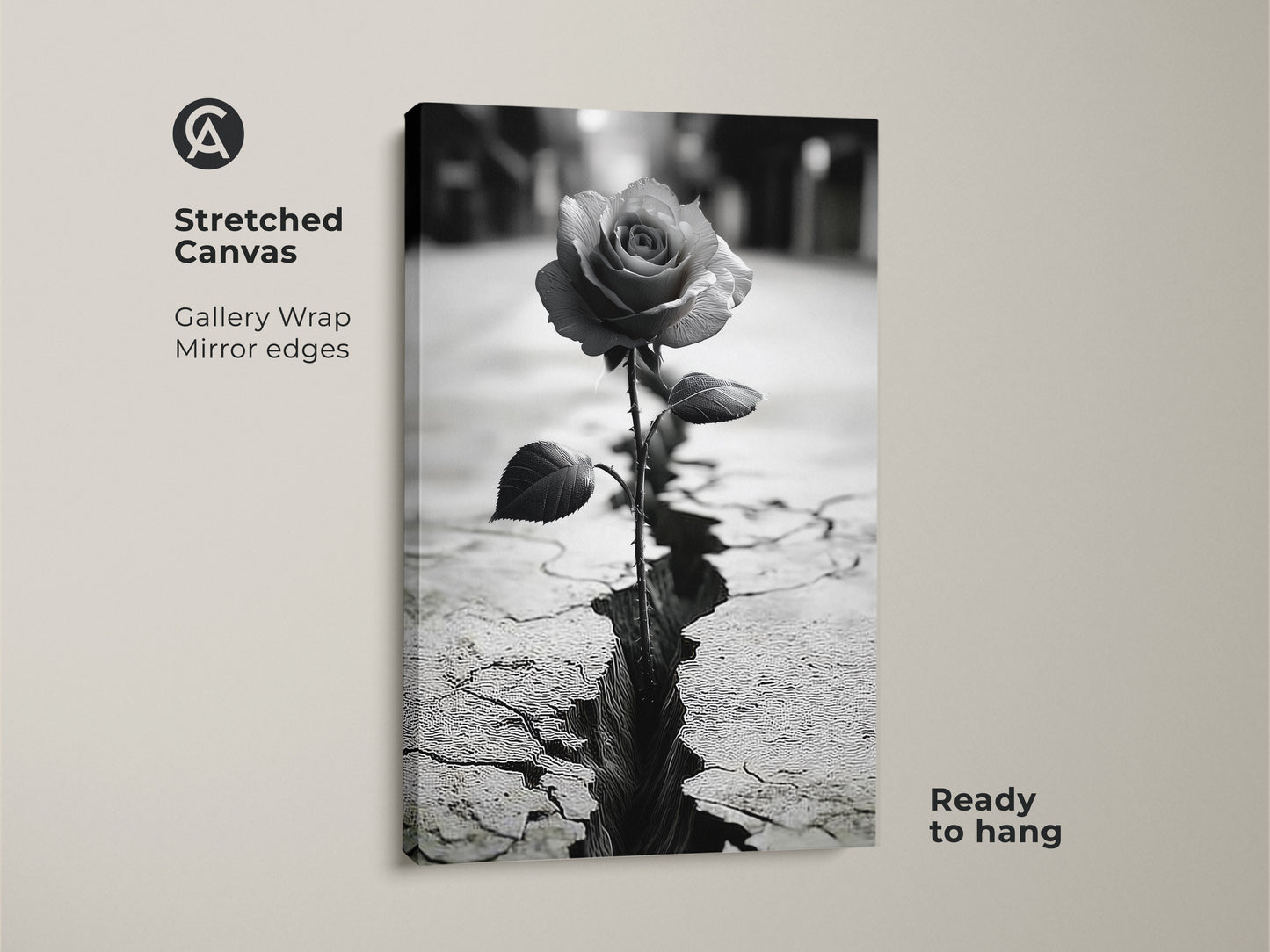 Stretched canvas art featuring a monochrome rose. The gallery wrap with mirror edges enhances the surreal cracked ground print. A black and white rose art piece ready to hang. Symbolizes nature and resilience. Contemporary artwork perfect for bedroom decor or a thoughtful housewarming gift.