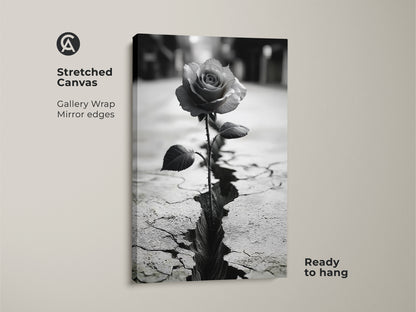 Stretched canvas art featuring a monochrome rose. The gallery wrap with mirror edges enhances the surreal cracked ground print. A black and white rose art piece ready to hang. Symbolizes nature and resilience. Contemporary artwork perfect for bedroom decor or a thoughtful housewarming gift.