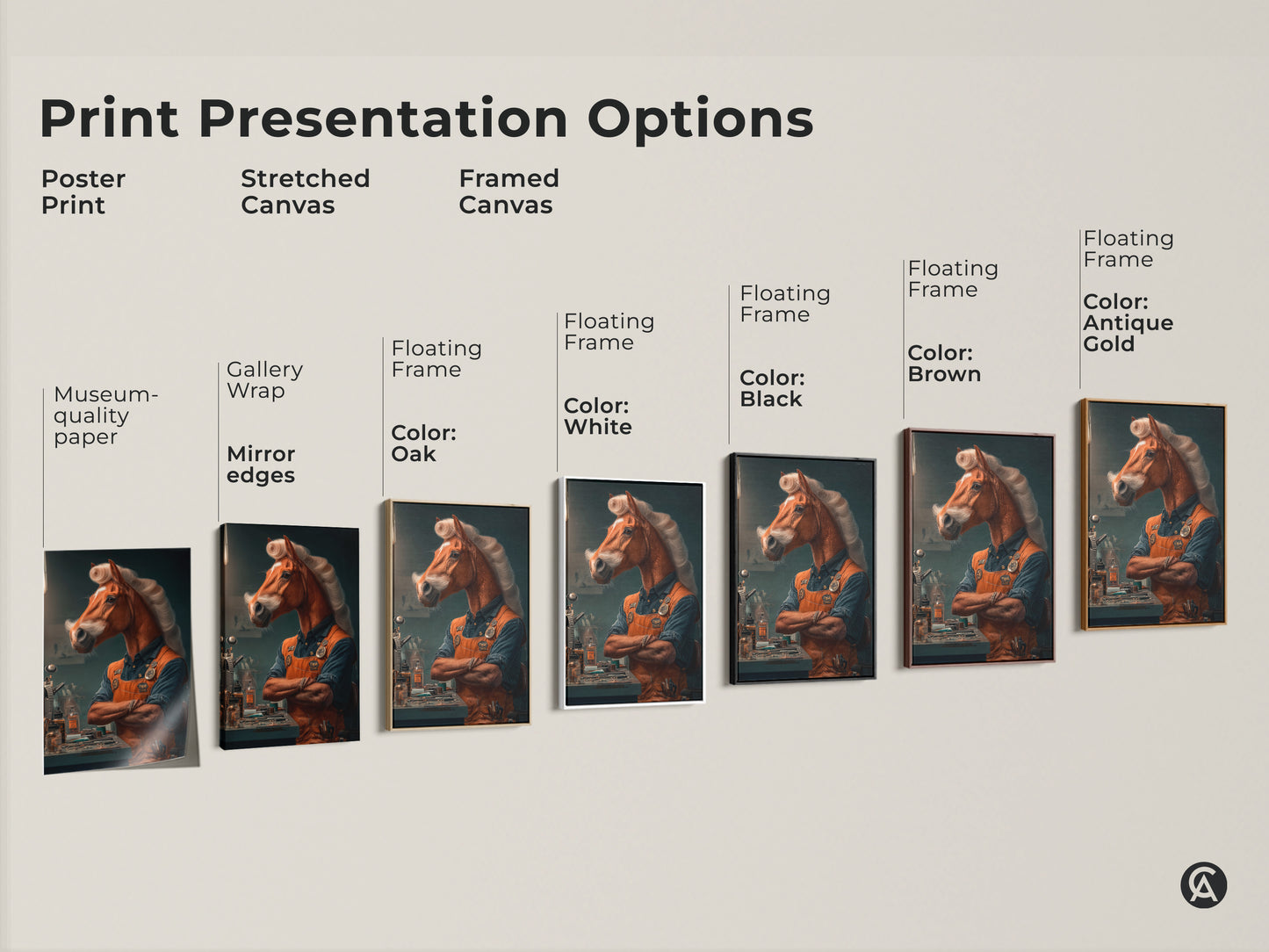 Print presentation options for a surreal horseman artwork. Choose from poster print stretched canvas or framed canvas with floating frames. Available in various colors like white black brown oak and antique gold.