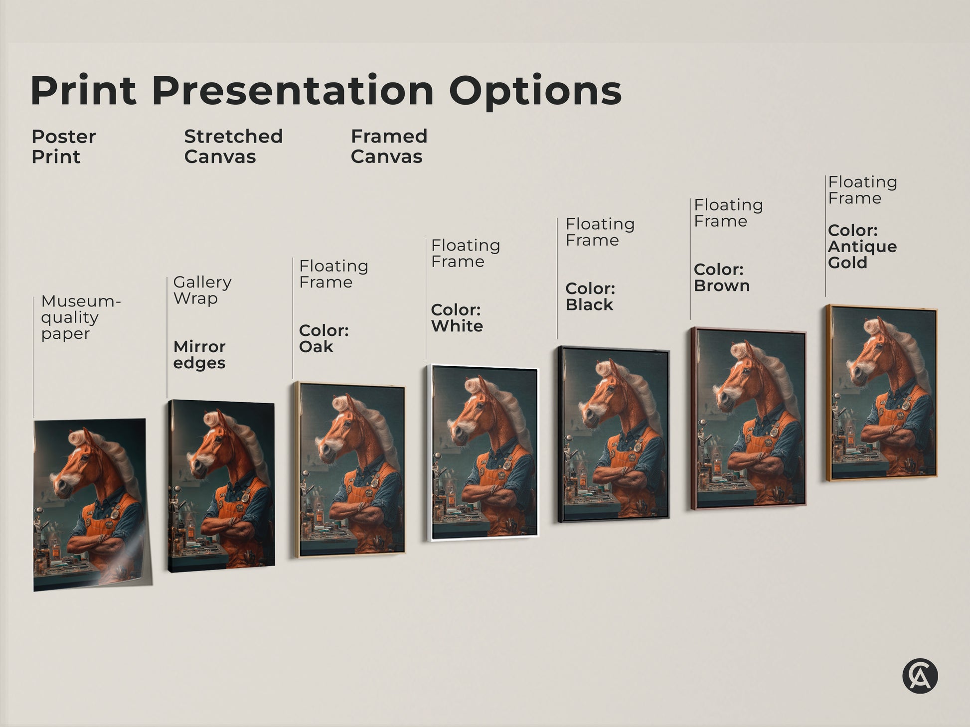 Print presentation options for a surreal horseman artwork. Choose from poster print stretched canvas or framed canvas with floating frames. Available in various colors like white black brown oak and antique gold.