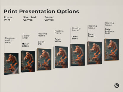 Print presentation options for a surreal horseman artwork. Choose from poster print stretched canvas or framed canvas with floating frames. Available in various colors like white black brown oak and antique gold.