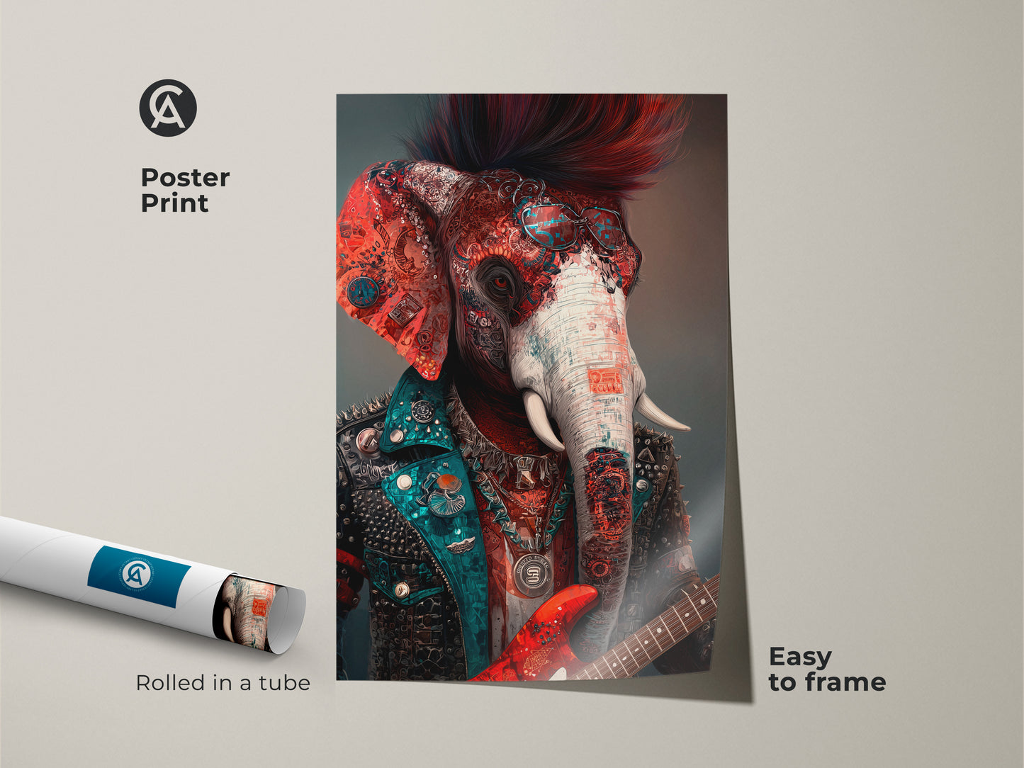 Poster print of a punk rock elephant playing guitar. The surreal animal fantasy art features vibrant red orange and teal colors. This music decor is easy to frame and adds a unique touch.