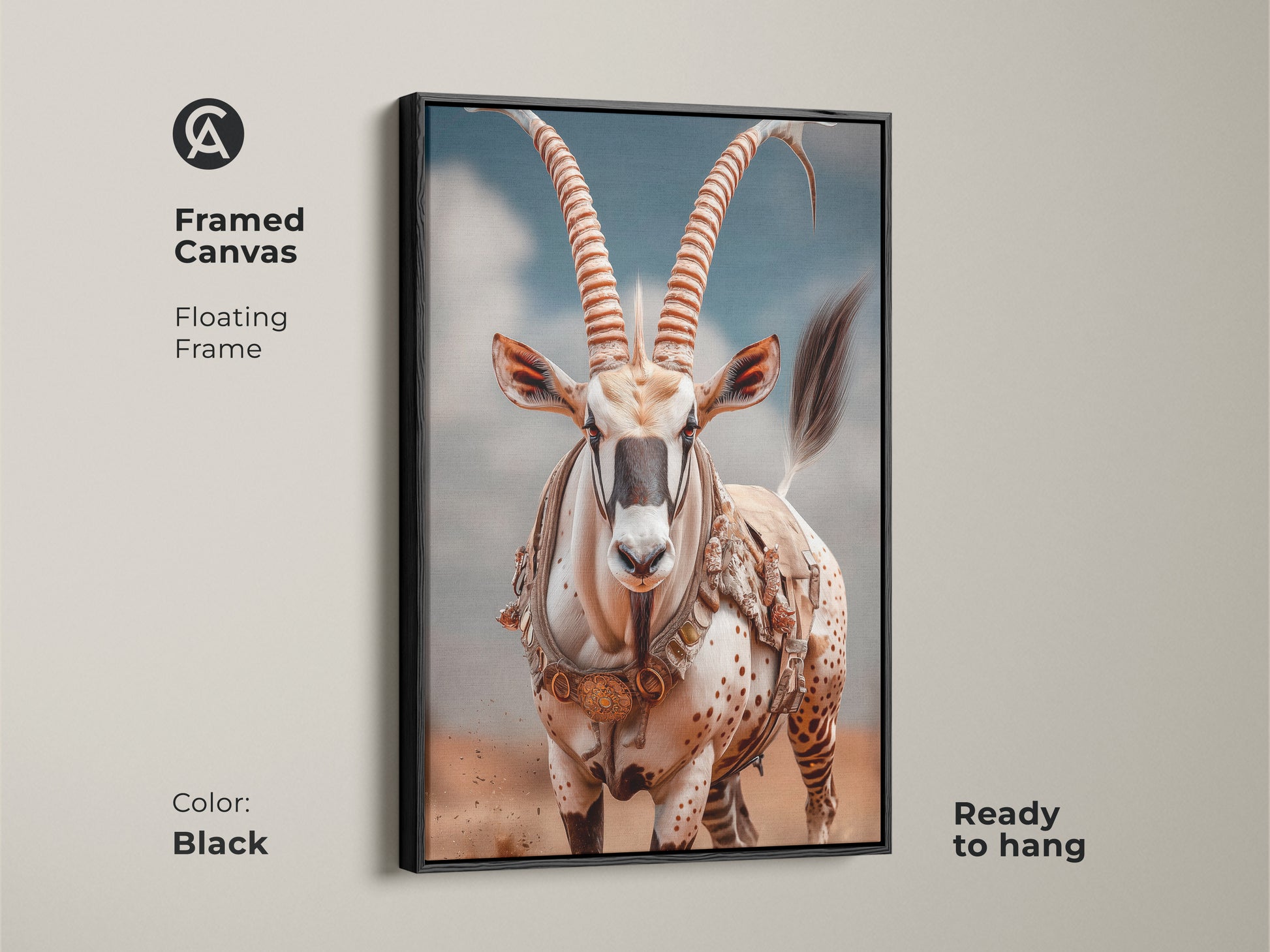 Framed canvas artwork features a majestic desert oryx. Black floating frame adds modern touch to animal canvas. Earthy brown tones and sky blue accents. Ready to hang animal portrait for eclectic home. A unique wildlife art piece.