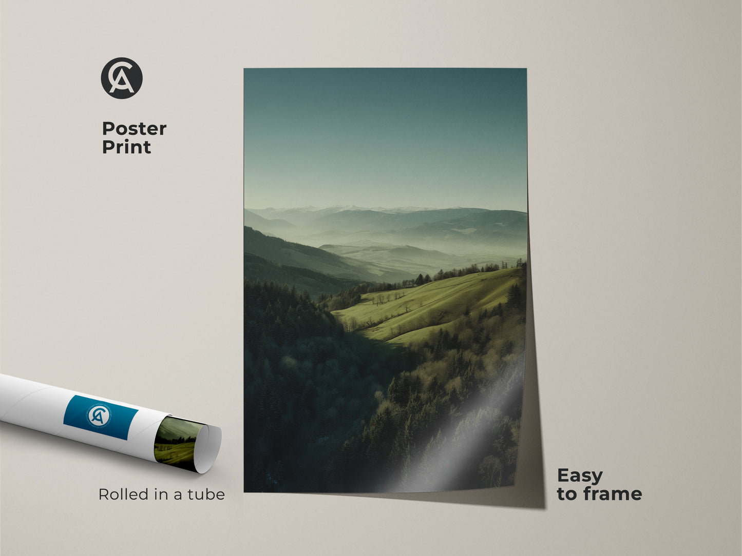 Poster print of a forest hills landscape. It is rolled in a tube and easy to frame. This green scenery artwork is ideal for residential wall decor. Perfect gift for outdoor enthusiasts and nature lovers. The misty mountain canvas art piece is easy to frame.