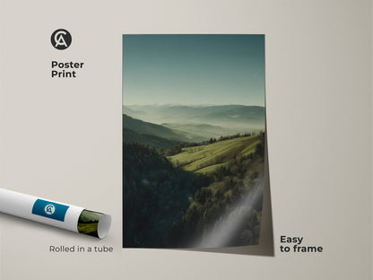 Poster print of a forest hills landscape. It is rolled in a tube and easy to frame. This green scenery artwork is ideal for residential wall decor. Perfect gift for outdoor enthusiasts and nature lovers. The misty mountain canvas art piece is easy to frame.