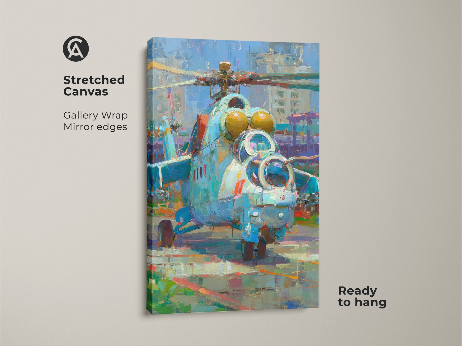 Stretched canvas art print of a military helicopter. The artwork features a gallery wrap with mirrored edges. Ready to hang and showcase in your home. The impressionistic style adds artistic flair. A great addition to any aviation themed room or art collection. Enjoy the vibrant colors and unique texture.