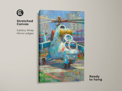 Stretched canvas art print of a military helicopter. The artwork features a gallery wrap with mirrored edges. Ready to hang and showcase in your home. The impressionistic style adds artistic flair. A great addition to any aviation themed room or art collection. Enjoy the vibrant colors and unique texture.