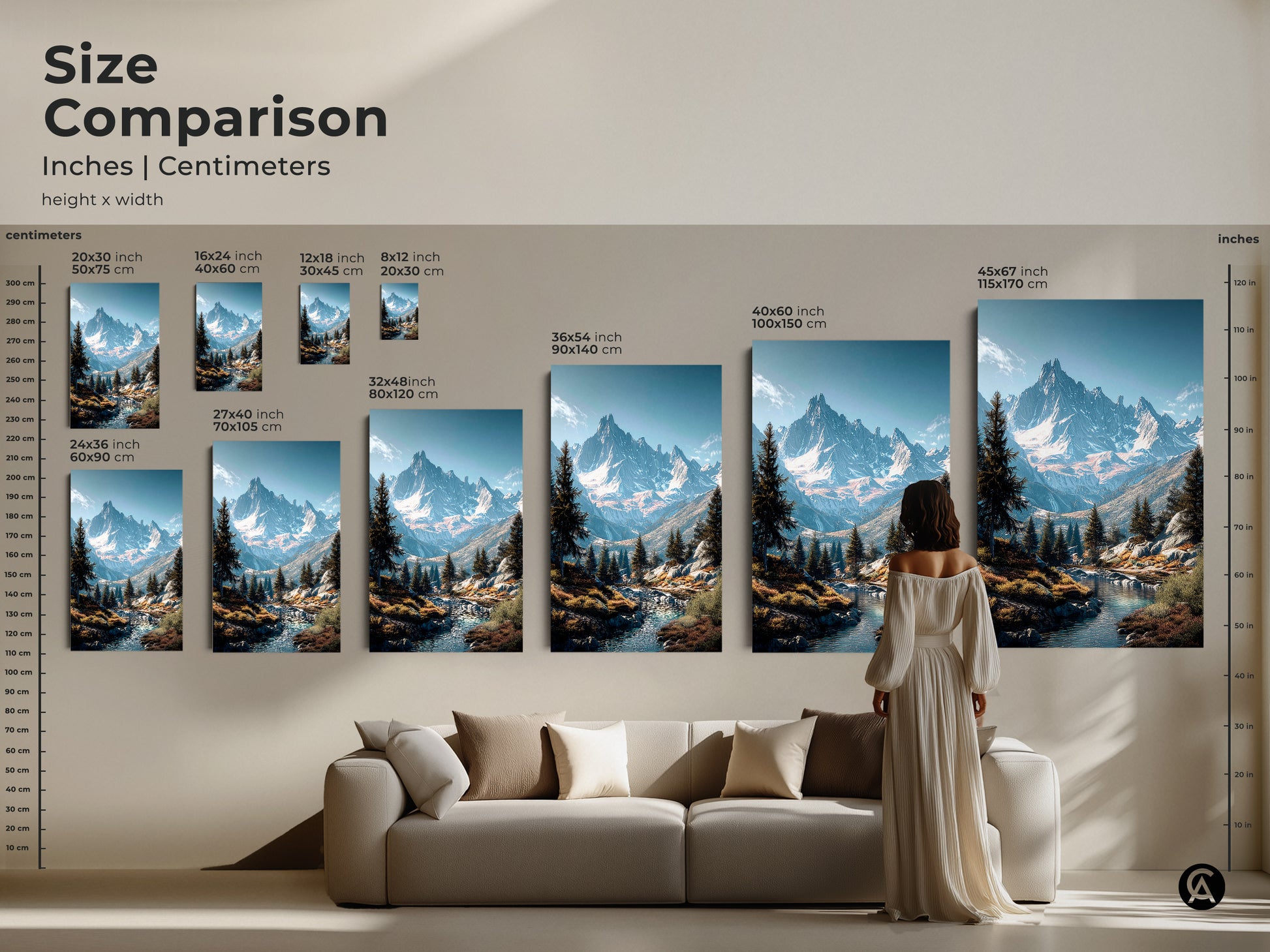 Size comparison for mountain landscape art prints. Inches and centimeters height x width examples. See how canvas and poster sizes look in a living room. Choose the perfect size for your artwork. Transform your space with mountain art.