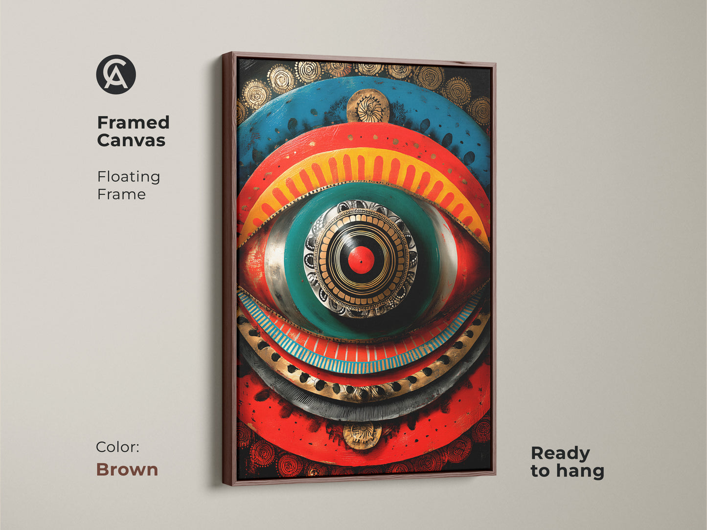 Spiritual mandala home decor in a brown framed canvas. The floating frame enhances this abstract spiritual symbol art. A great housewarming gift for wanderers. Ready to hang.