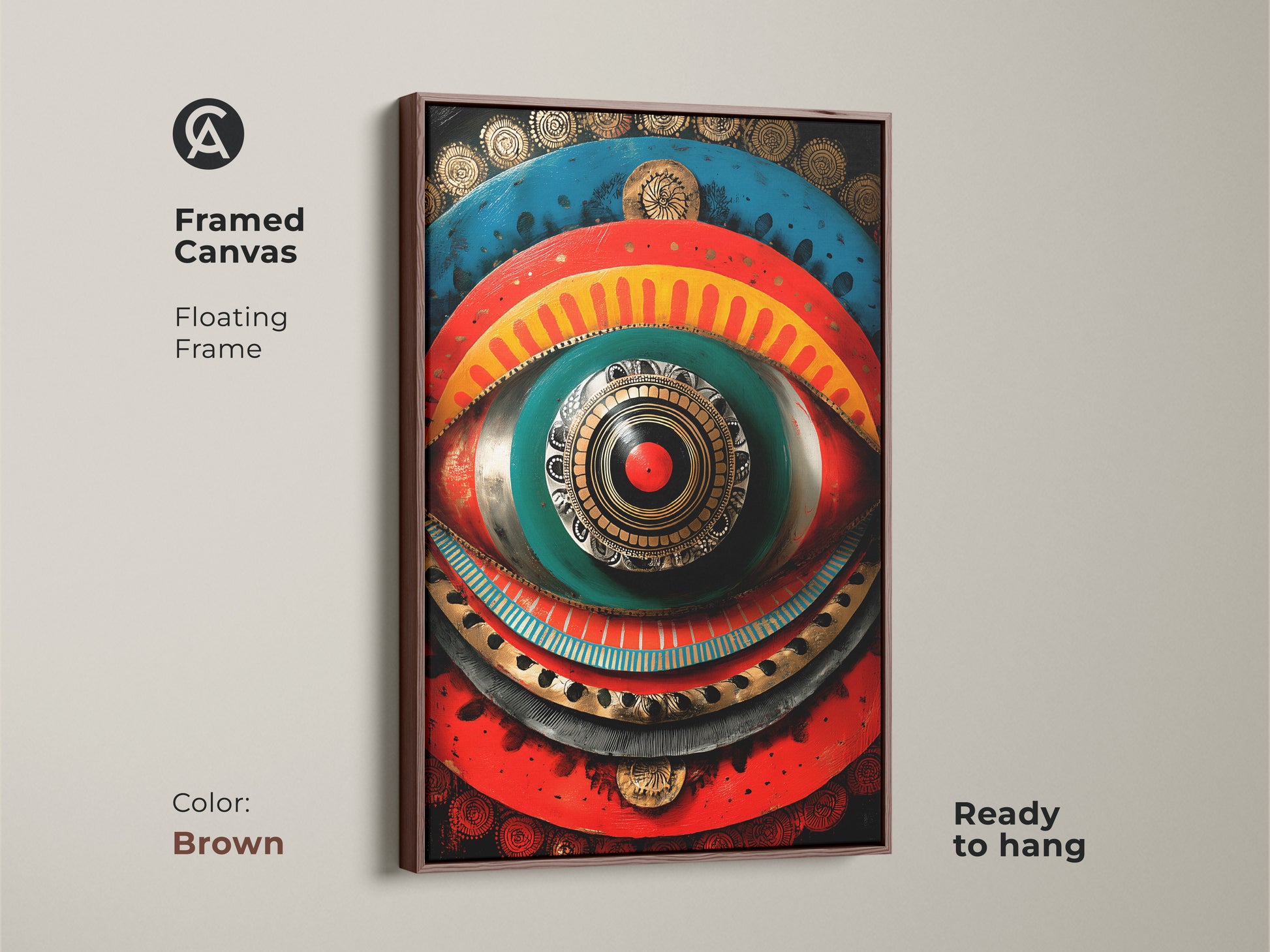 Spiritual mandala home decor in a brown framed canvas. The floating frame enhances this abstract spiritual symbol art. A great housewarming gift for wanderers. Ready to hang.