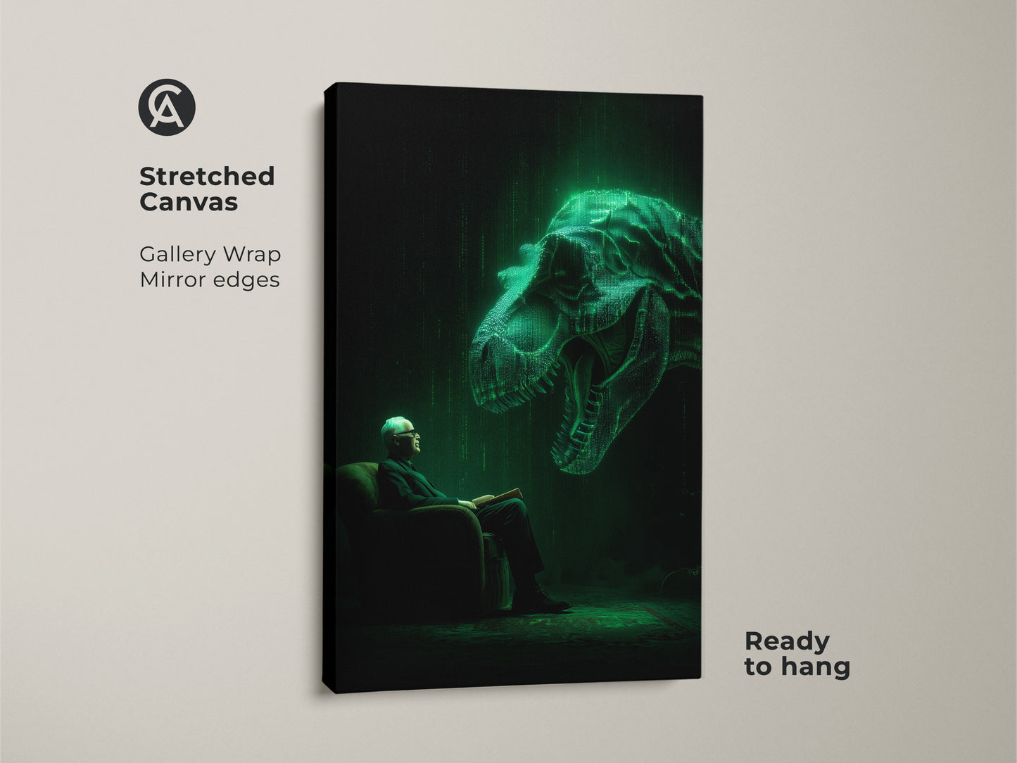 Stretched canvas artwork presents an old man reading. Above him a glowing T-Rex hovers in a digital matrix style. The gallery wrapped canvas has mirrored edges. This unique wall art is ready to hang adding a touch of modern surrealism to any room.