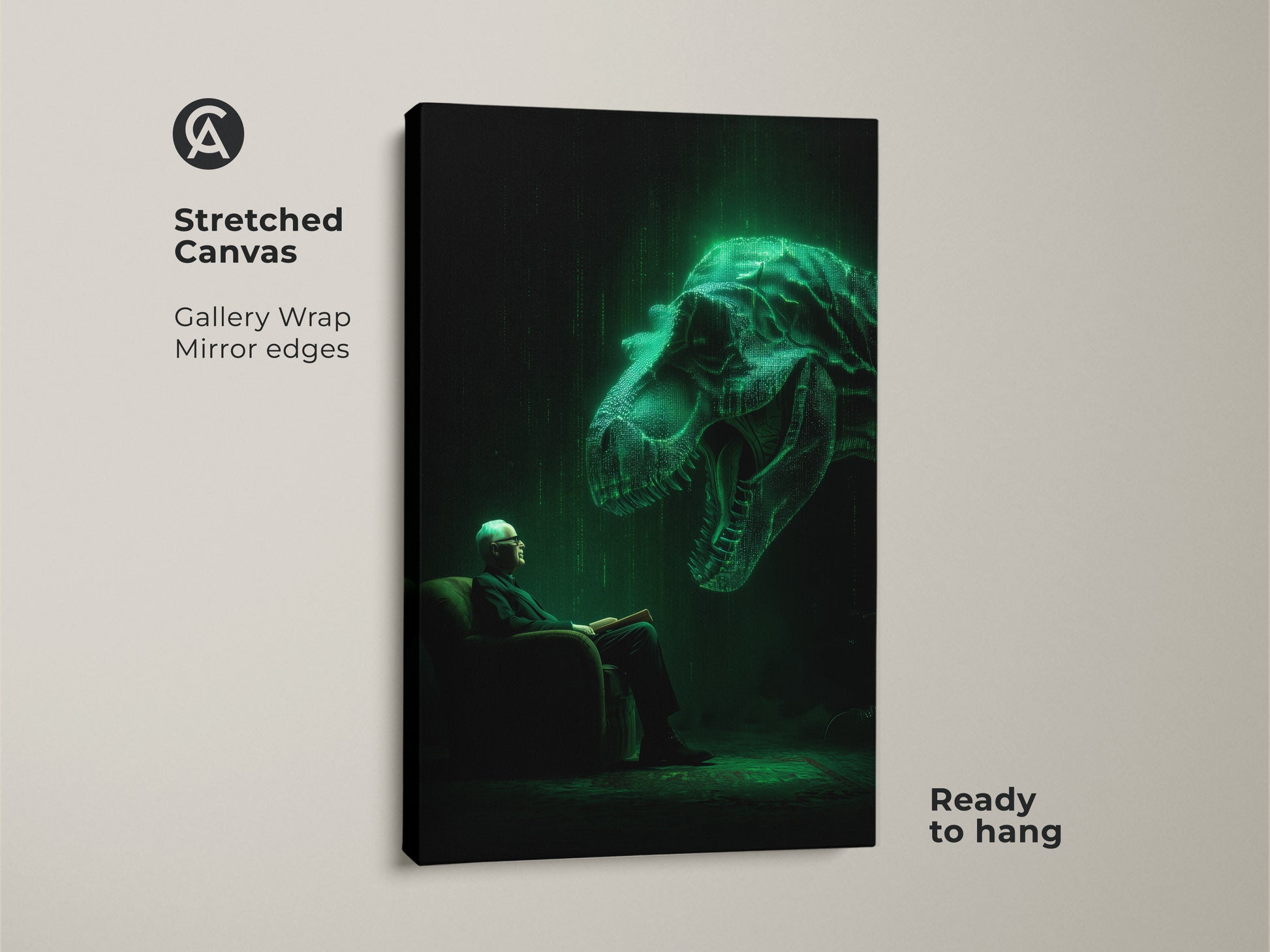 Stretched canvas artwork presents an old man reading. Above him a glowing T-Rex hovers in a digital matrix style. The gallery wrapped canvas has mirrored edges. This unique wall art is ready to hang adding a touch of modern surrealism to any room.