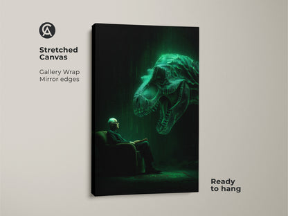 Stretched canvas artwork presents an old man reading. Above him a glowing T-Rex hovers in a digital matrix style. The gallery wrapped canvas has mirrored edges. This unique wall art is ready to hang adding a touch of modern surrealism to any room.