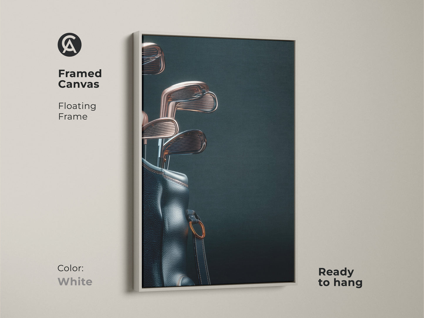 Enhance your decor with framed canvas art. This floating frame highlights a stylish golf bag and clubs. The white frame adds a clean touch. Ready to hang this piece will impress any golf aficionado.