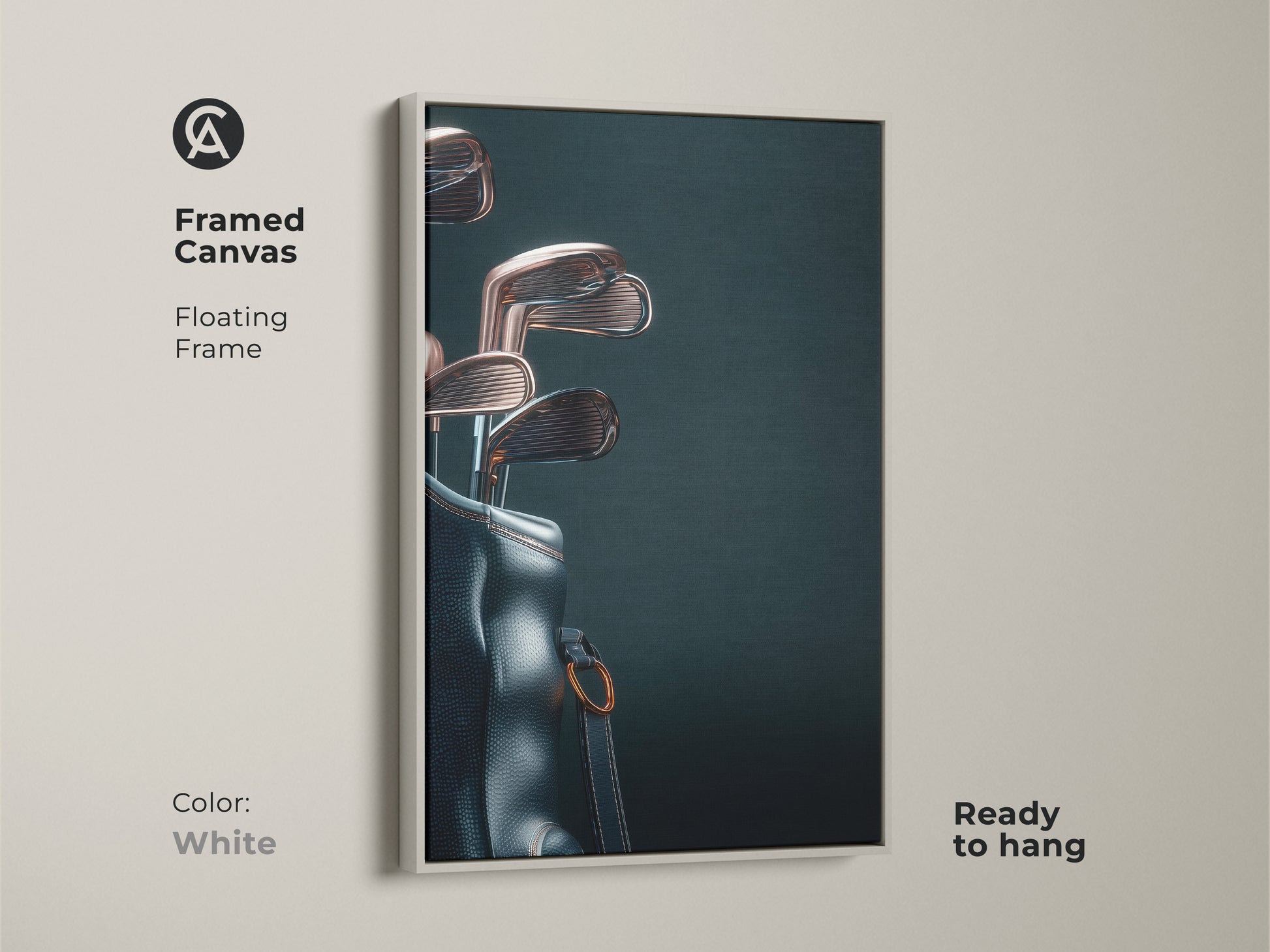Enhance your decor with framed canvas art. This floating frame highlights a stylish golf bag and clubs. The white frame adds a clean touch. Ready to hang this piece will impress any golf aficionado.