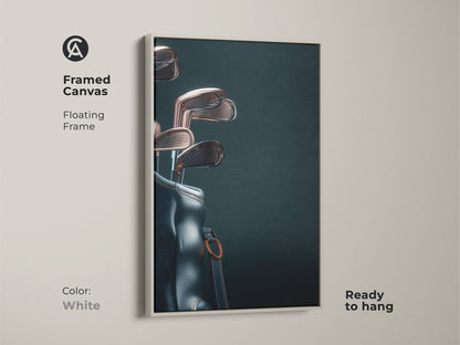 Enhance your decor with framed canvas art. This floating frame highlights a stylish golf bag and clubs. The white frame adds a clean touch. Ready to hang this piece will impress any golf aficionado.