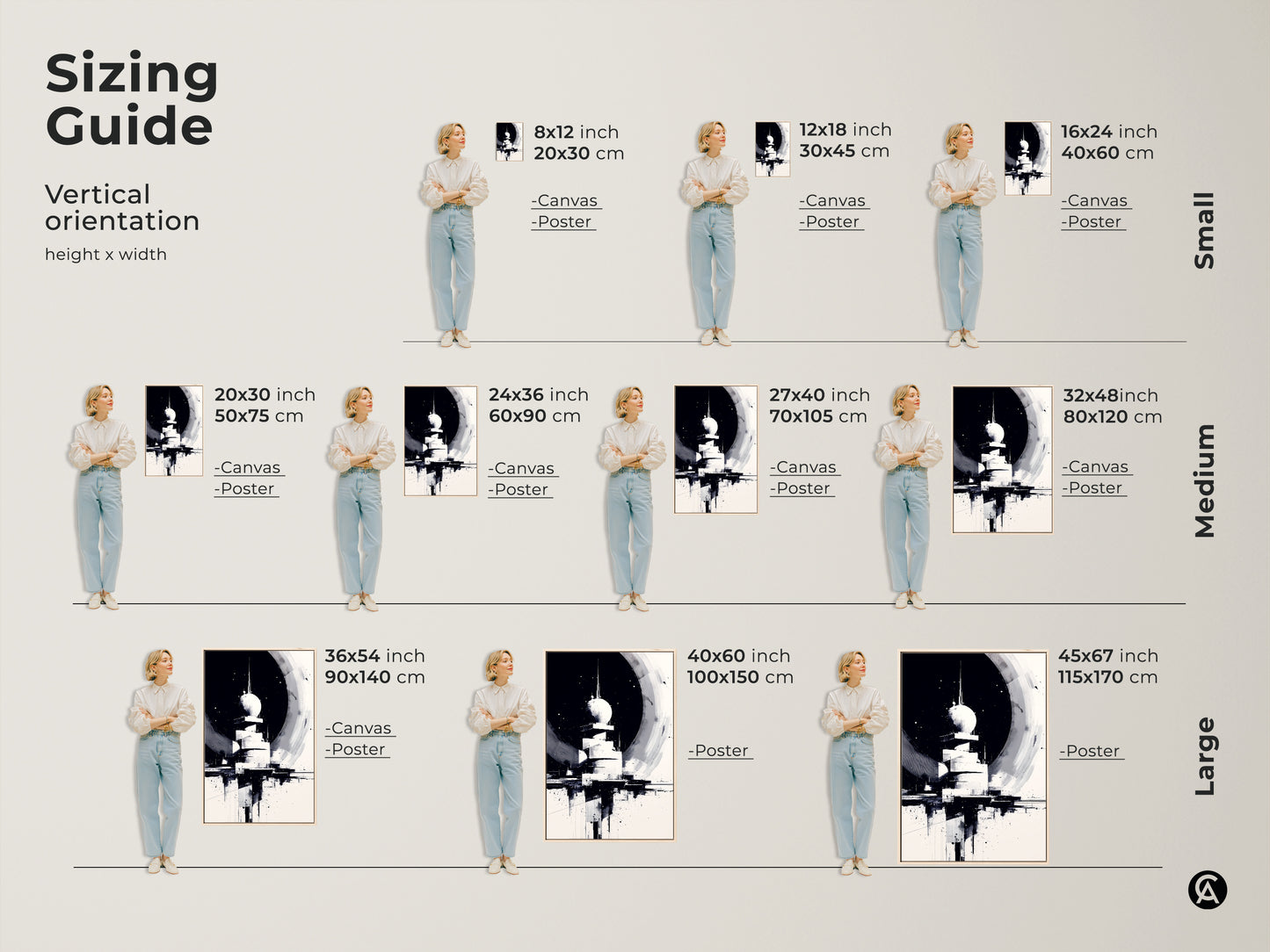 Sizing Guide: Vertical orientation of the artwork in small medium & large sizes. Available as canvas art or poster prints to fit various wall spaces. Dimensions provided in inches and centimeters for precise planning.