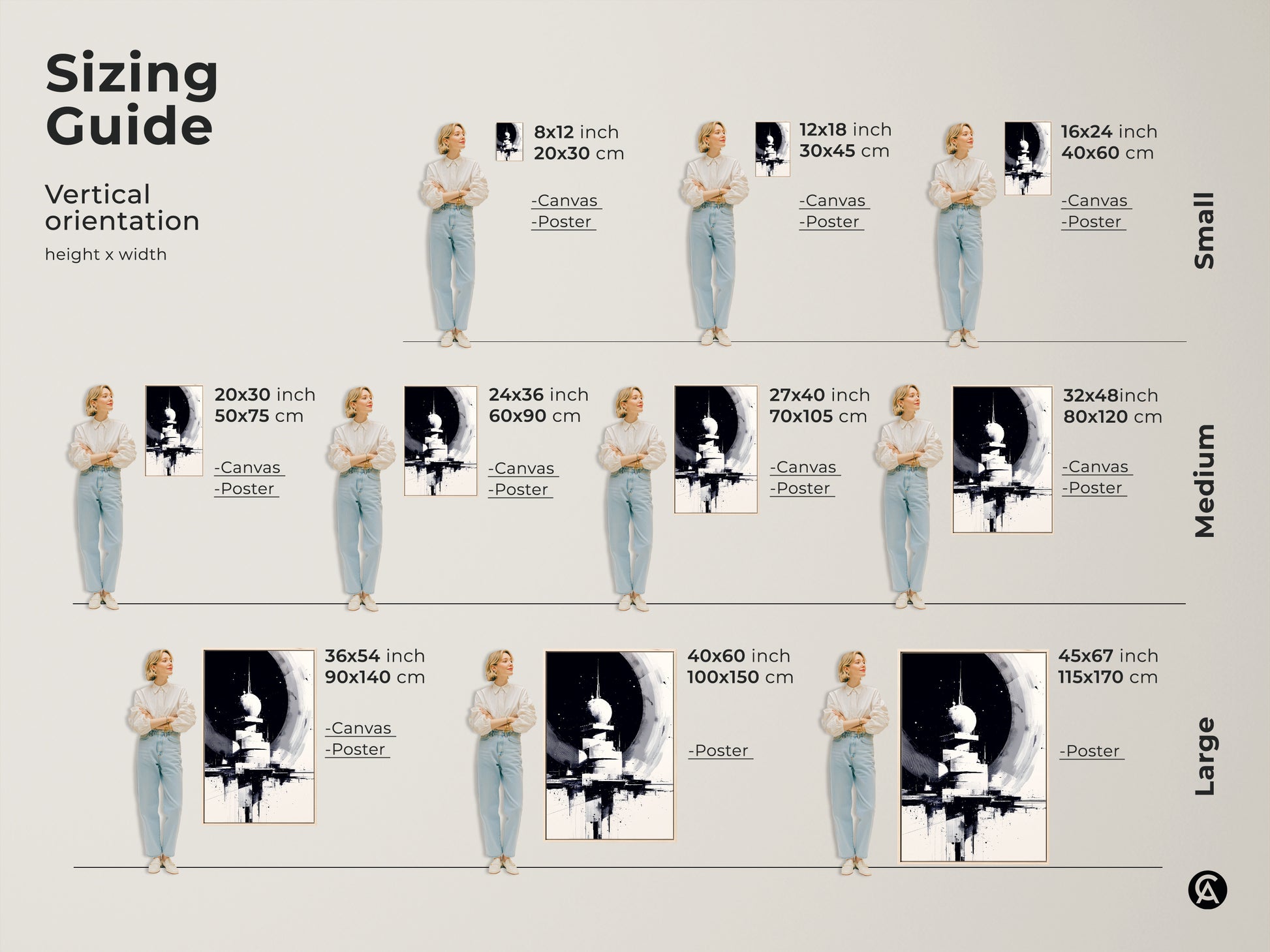 Sizing Guide: Vertical orientation of the artwork in small medium & large sizes. Available as canvas art or poster prints to fit various wall spaces. Dimensions provided in inches and centimeters for precise planning.