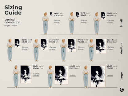 Sizing Guide: Vertical orientation of the artwork in small medium & large sizes. Available as canvas art or poster prints to fit various wall spaces. Dimensions provided in inches and centimeters for precise planning.