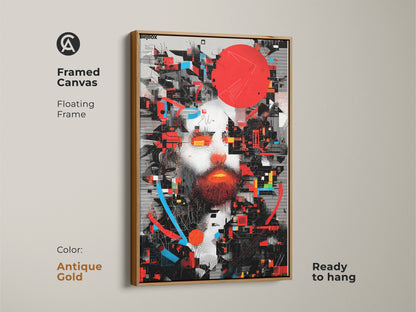Framed canvas featuring an abstract man portrait. Floating frame in antique gold color. This glitch art wall decor has a deconstructivist style. Geometric man face artwork with red blue and black colors. Ready to hang in office spaces.