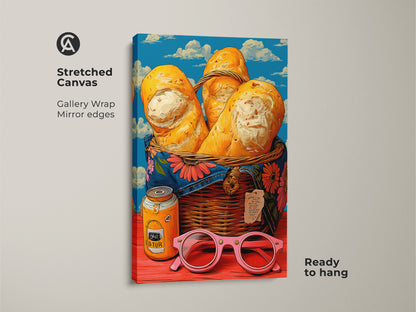 Stretched canvas print of a pop art bread basket scene. A retro jam jar and pink sunglasses create an eclectic still life. The yellow blue orange palette adds vibrant energy. Ready to hang this gallery-wrapped artwork brings a fun surreal touch to any kitchen or cafe wall decor.