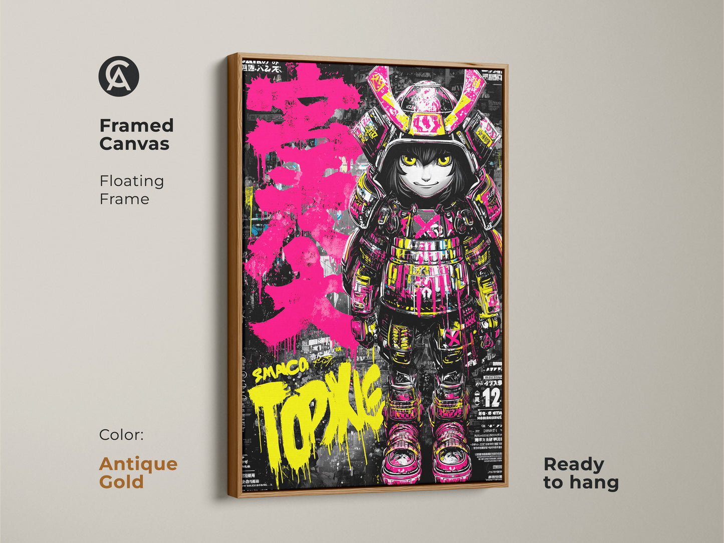 The Smaco Topix samurai artwork is presented in a framed canvas with an antique gold floating frame. This ready-to-hang piece adds a vintage touch to the modern samurai character. A striking addition to any art collection.