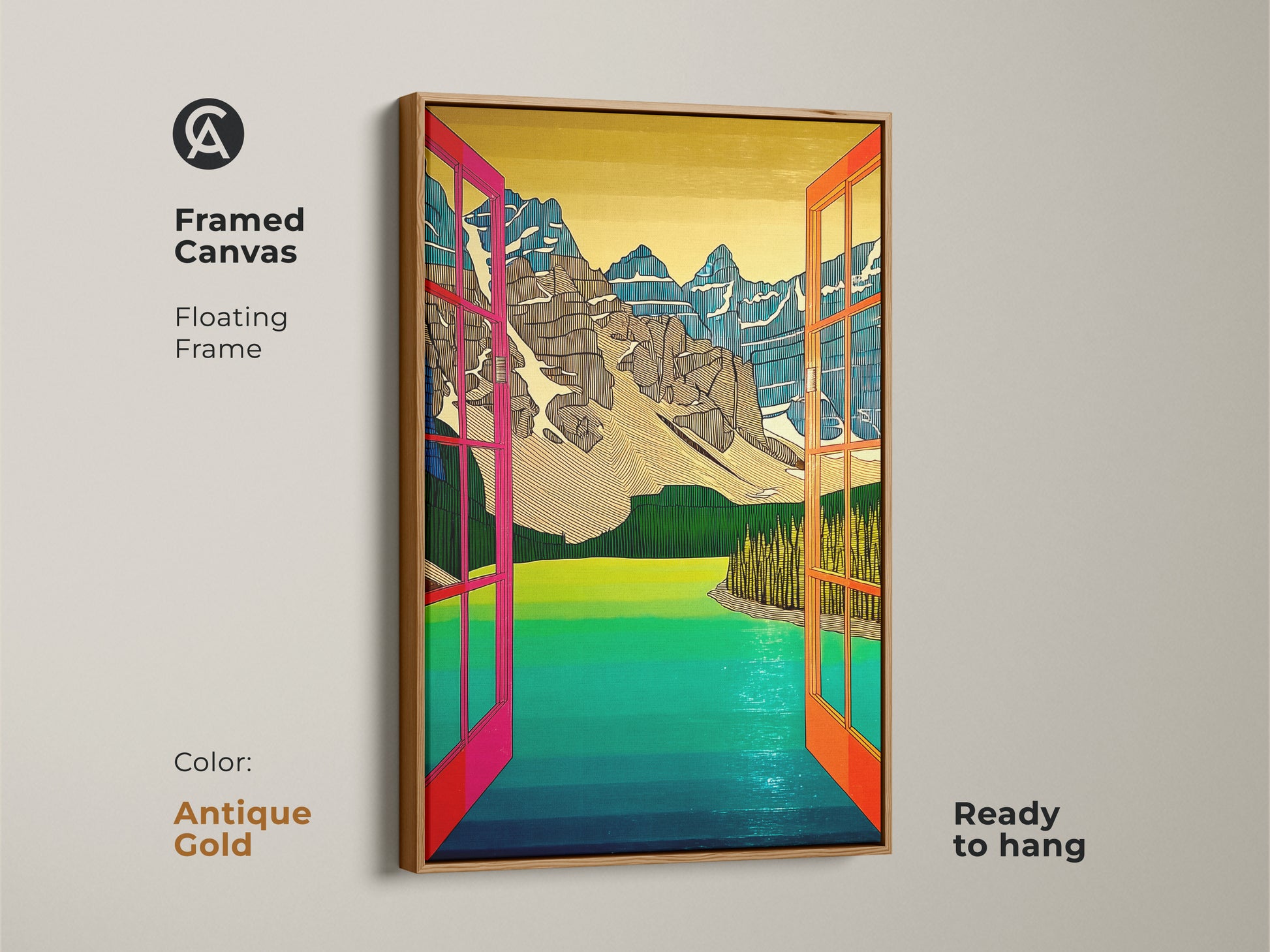 This framed canvas showcases the scenic view with an antique gold frame. The teal green contemporary landscape adds elegance to your space. It's a unique modern home accent.