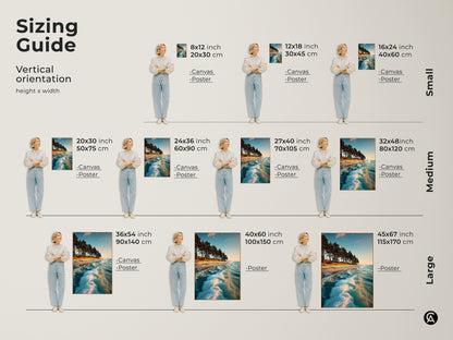 Sizing guide for vertical coastal art. Available as canvas or poster in sizes from 8x12 to 45x67 inches. Find the perfect fit for your space from small medium or large options. Enhance your home with tranquil landscape art.