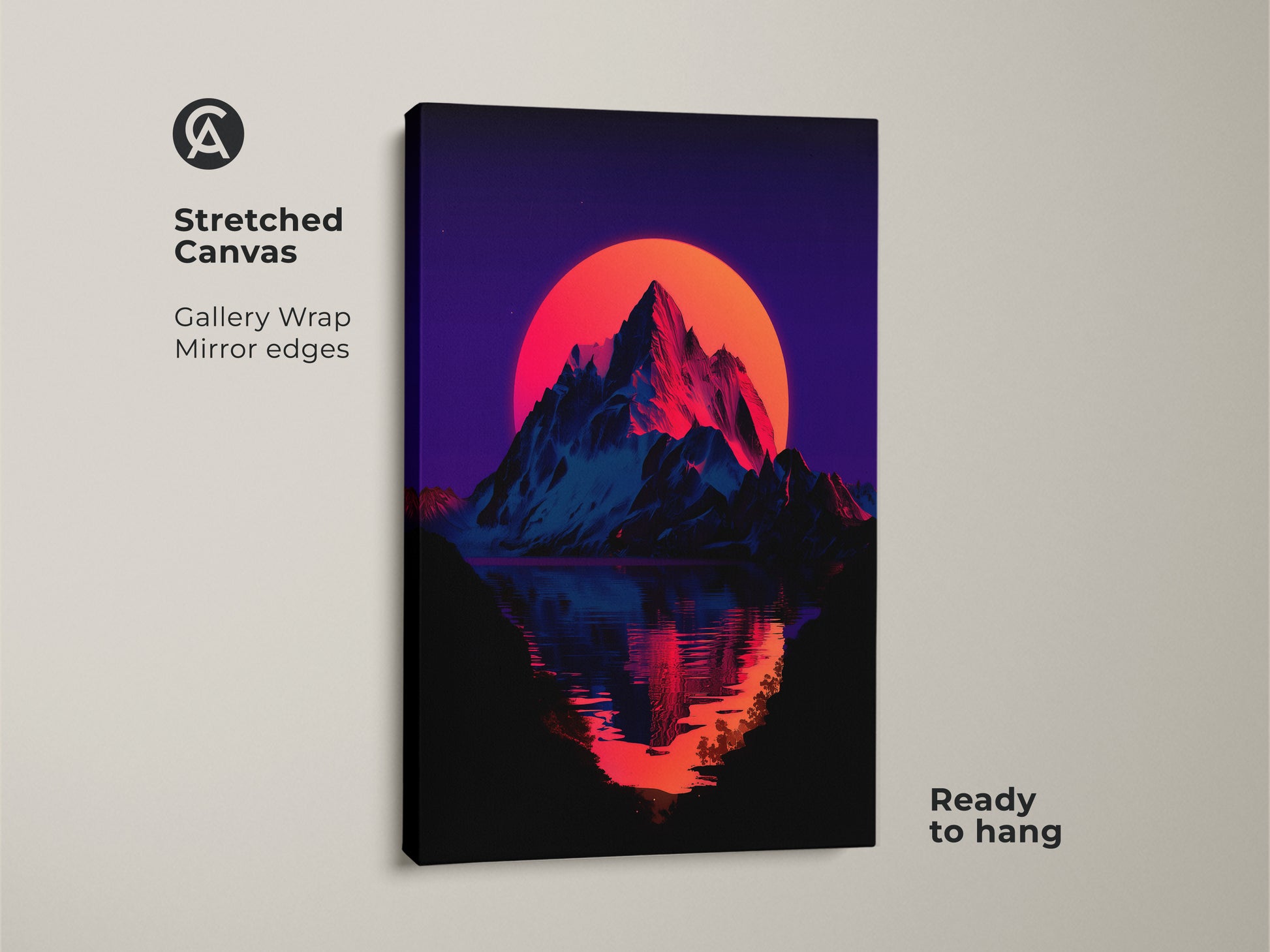 Stretched canvas art of a synthwave mountain sunset. The gallery wrap has mirror edges. This retrowave art is ready to hang. The neon colors add a bold touch. Perfect for retro aesthetic decor.