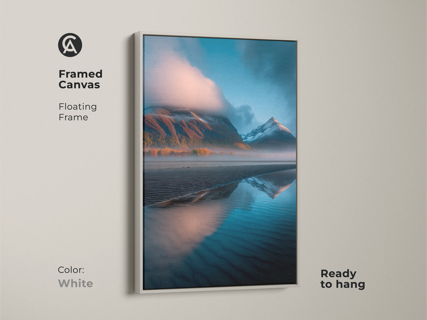 Framed canvas presenting a mountain lake landscape with a white floating frame. This blue orange teal artwork adds tranquility to your home. Ideal nature photography print.