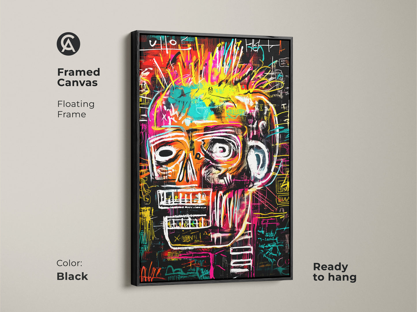 Framed canvas art featuring a colorful skull. The art is inspired by Basquiat. The frame has a sleek black finish. The floating frame enhances the artwork's presence. It is ready to hang. It adds a touch of urban sophistication.