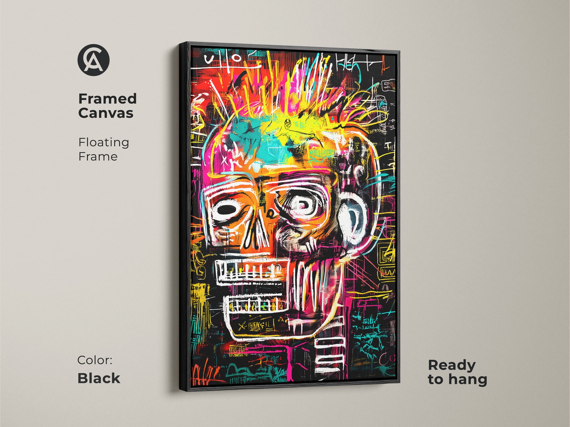 Framed canvas art featuring a colorful skull. The art is inspired by Basquiat. The frame has a sleek black finish. The floating frame enhances the artwork's presence. It is ready to hang. It adds a touch of urban sophistication.