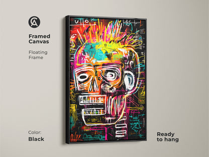 Framed canvas art featuring a colorful skull. The art is inspired by Basquiat. The frame has a sleek black finish. The floating frame enhances the artwork's presence. It is ready to hang. It adds a touch of urban sophistication.