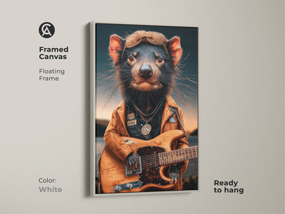 Framed canvas print featuring a cool Tasmanian devil guitarist. A white floating frame provides a clean modern look. Ready to hang this unique piece. A perfect eclectic home decor artwork for music lovers.