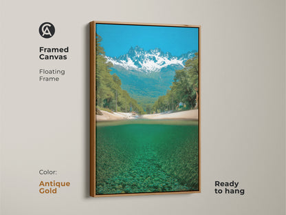 Add a touch of elegance with this framed canvas art showcasing a mountain river. The floating frame and antique gold color add sophistication. The snowy peaks and teal water create a stunning landscape. Ready to hang this framed artwork is perfect for nature enthusiasts