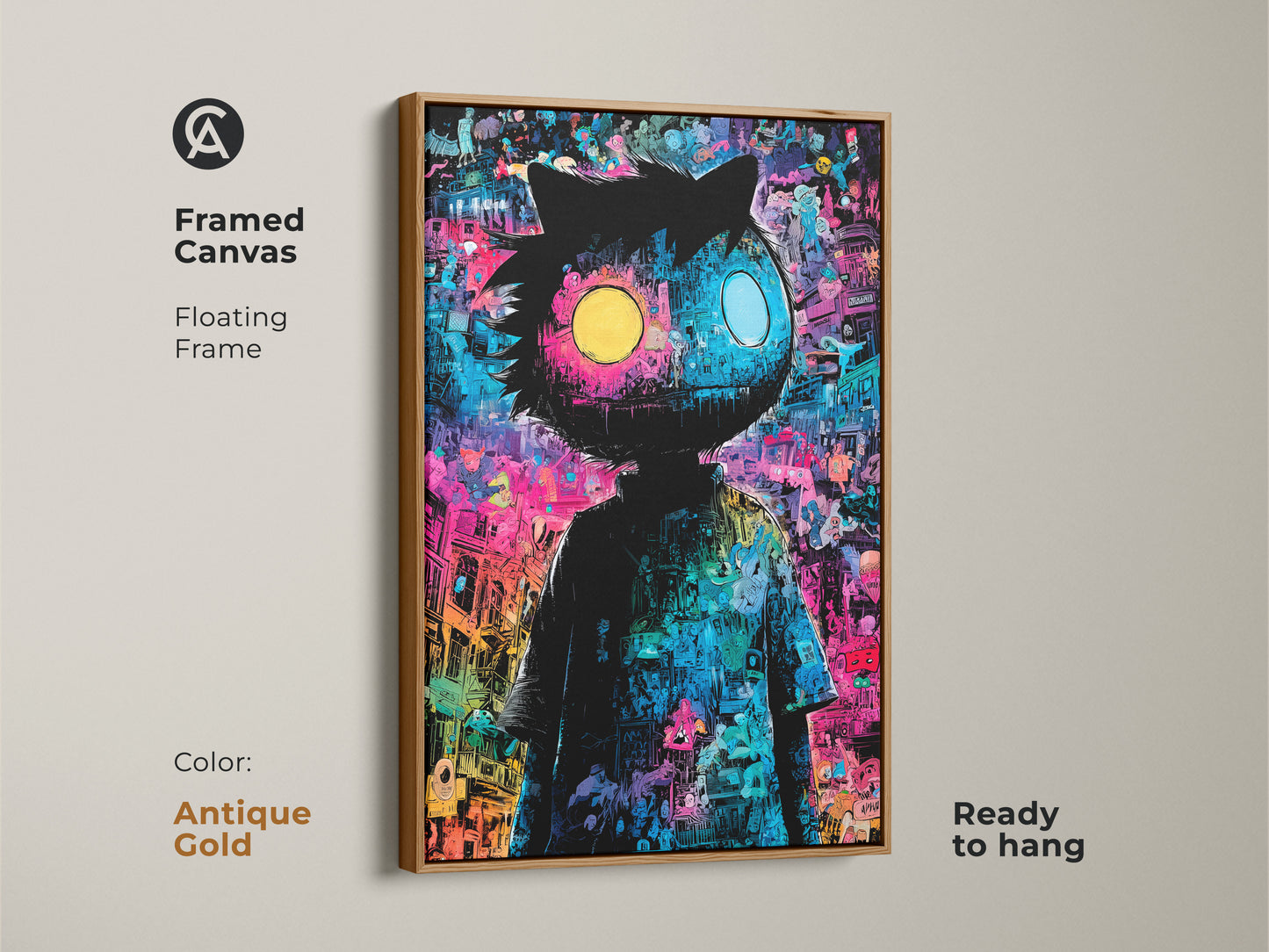 Framed canvas art showcasing a whimsical character with mismatched eyes. The floating frame in antique gold enhances the artwork's appeal. It is ready to hang to bring playful sophistication to any room. A perfect piece for collectors.