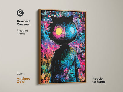 Framed canvas art showcasing a whimsical character with mismatched eyes. The floating frame in antique gold enhances the artwork's appeal. It is ready to hang to bring playful sophistication to any room. A perfect piece for collectors.