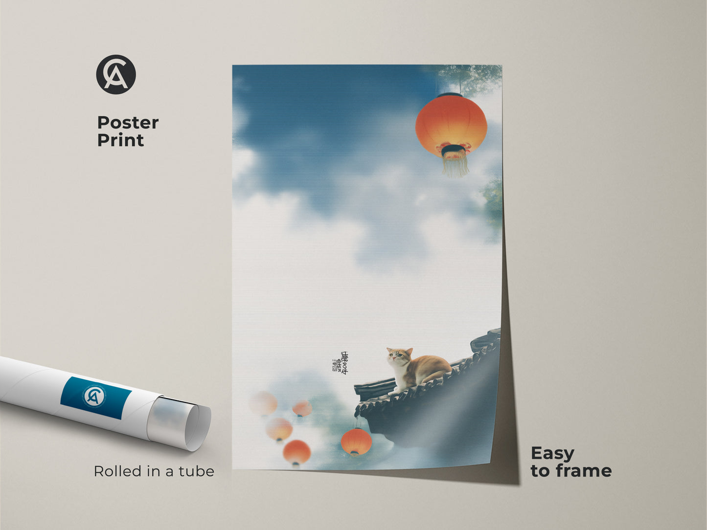 Cat on roof poster print arrives rolled in a tube. This traditional Asian cat art features orange lanterns and a blue sky. Easy to frame this whimsical animal wall decor. This artwork is a unique cat themed gift. This print is perfect for cat owners seeking cultural home decor. This print features a cat sitting on roof artwork.