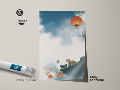 Cat on roof poster print arrives rolled in a tube. This traditional Asian cat art features orange lanterns and a blue sky. Easy to frame this whimsical animal wall decor. This artwork is a unique cat themed gift. This print is perfect for cat owners seeking cultural home decor. This print features a cat sitting on roof artwork.