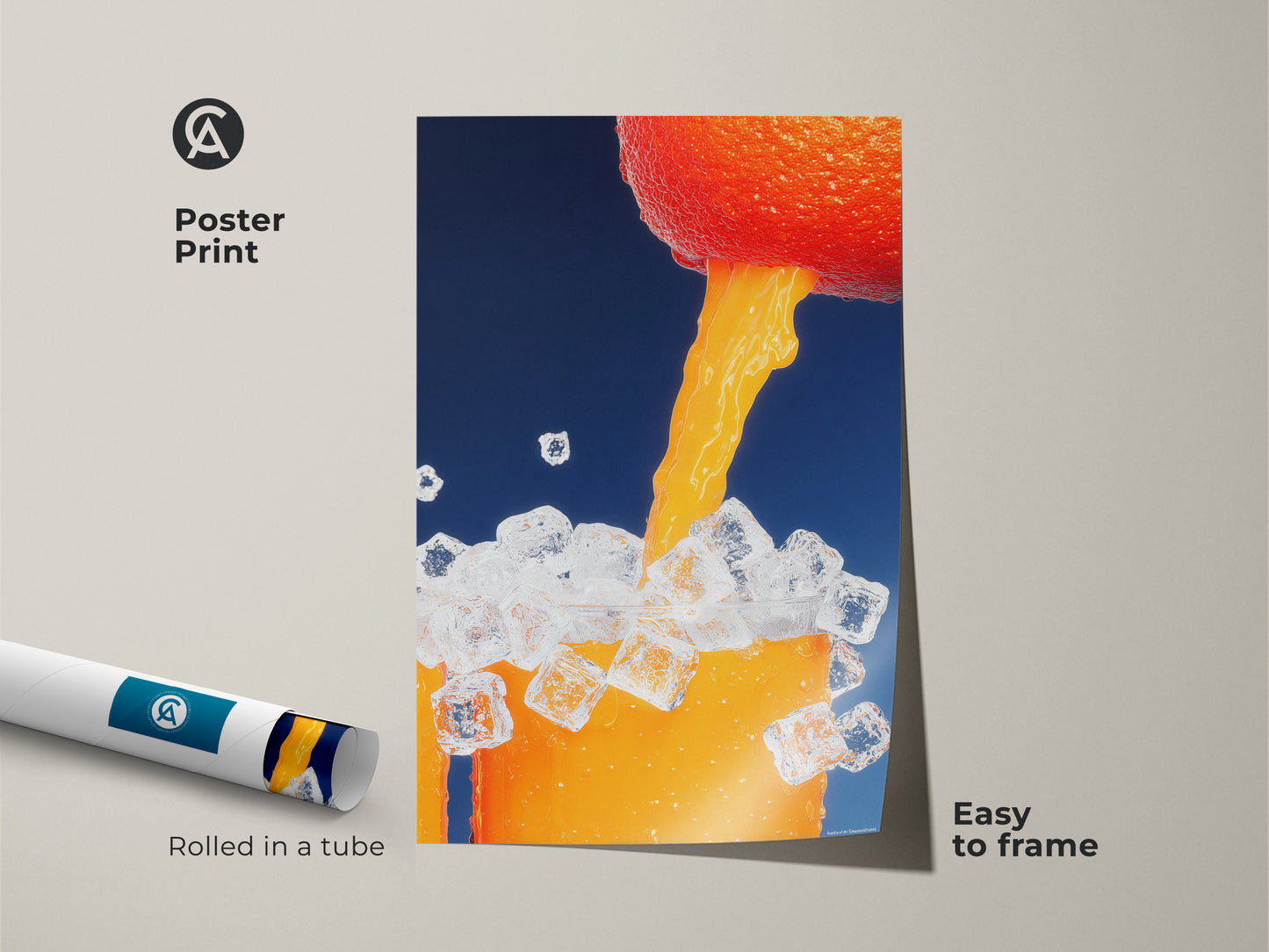 Poster print of abstract orange juice pour artwork is easy to frame. Rolled in a tube this minimalist drink art brings a modern touch. Ideal for adding a splash of color to your kitchen. A unique gift for juice lovers.