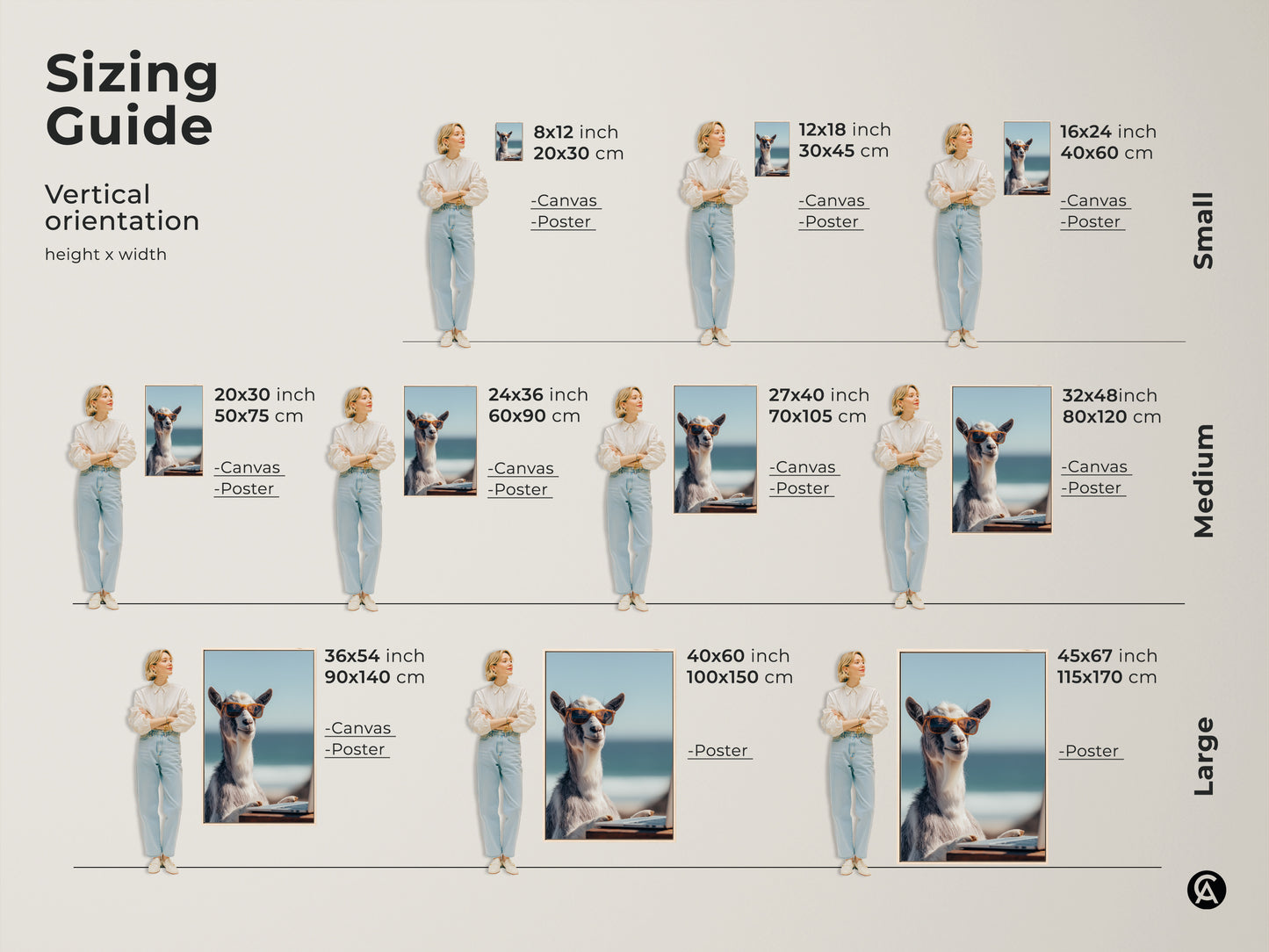 Sizing guide for vertical goat artwork. Available as canvas or poster in various sizes. Find the perfect fit for your space from small to large coastal animal print.