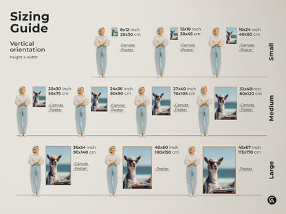 Sizing guide for vertical goat artwork. Available as canvas or poster in various sizes. Find the perfect fit for your space from small to large coastal animal print.