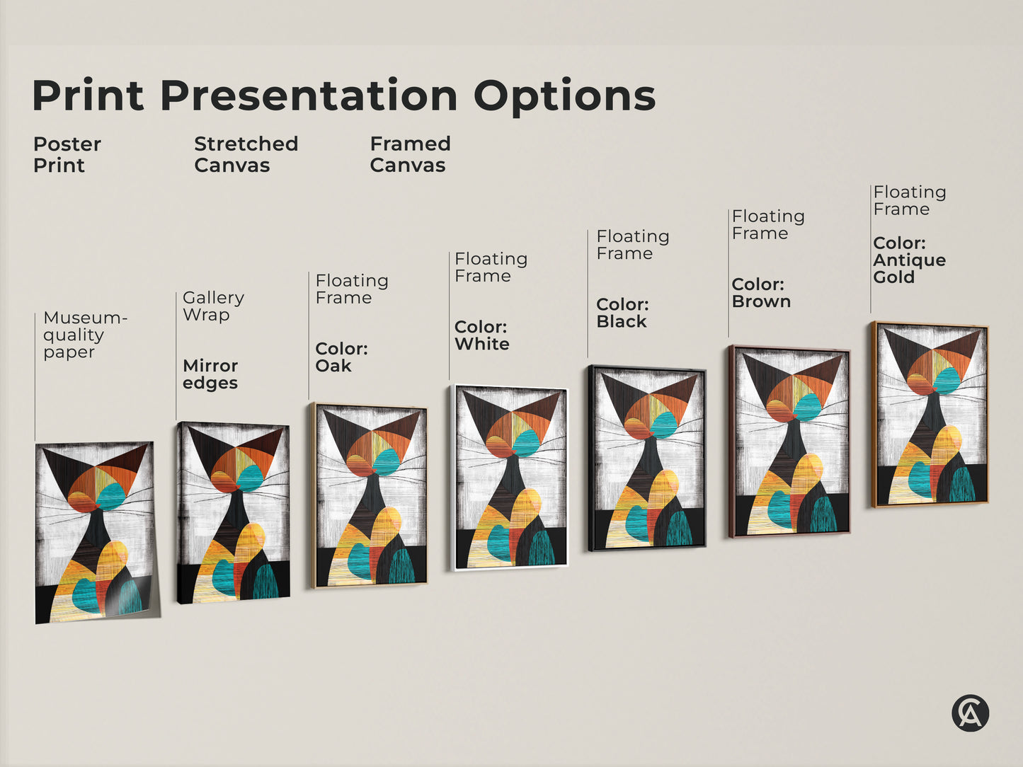 Print presentation options include poster print stretched canvas and framed canvas. Floating frames are available in oak white black brown and antique gold for geometric cat art.