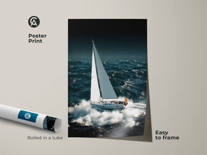A poster print displays a sailboat navigating ocean waves. This nautical art decor in deep teal and white adds coastal charm. Easy to frame this sailing boat artwork is a gift for boat enthusiasts.