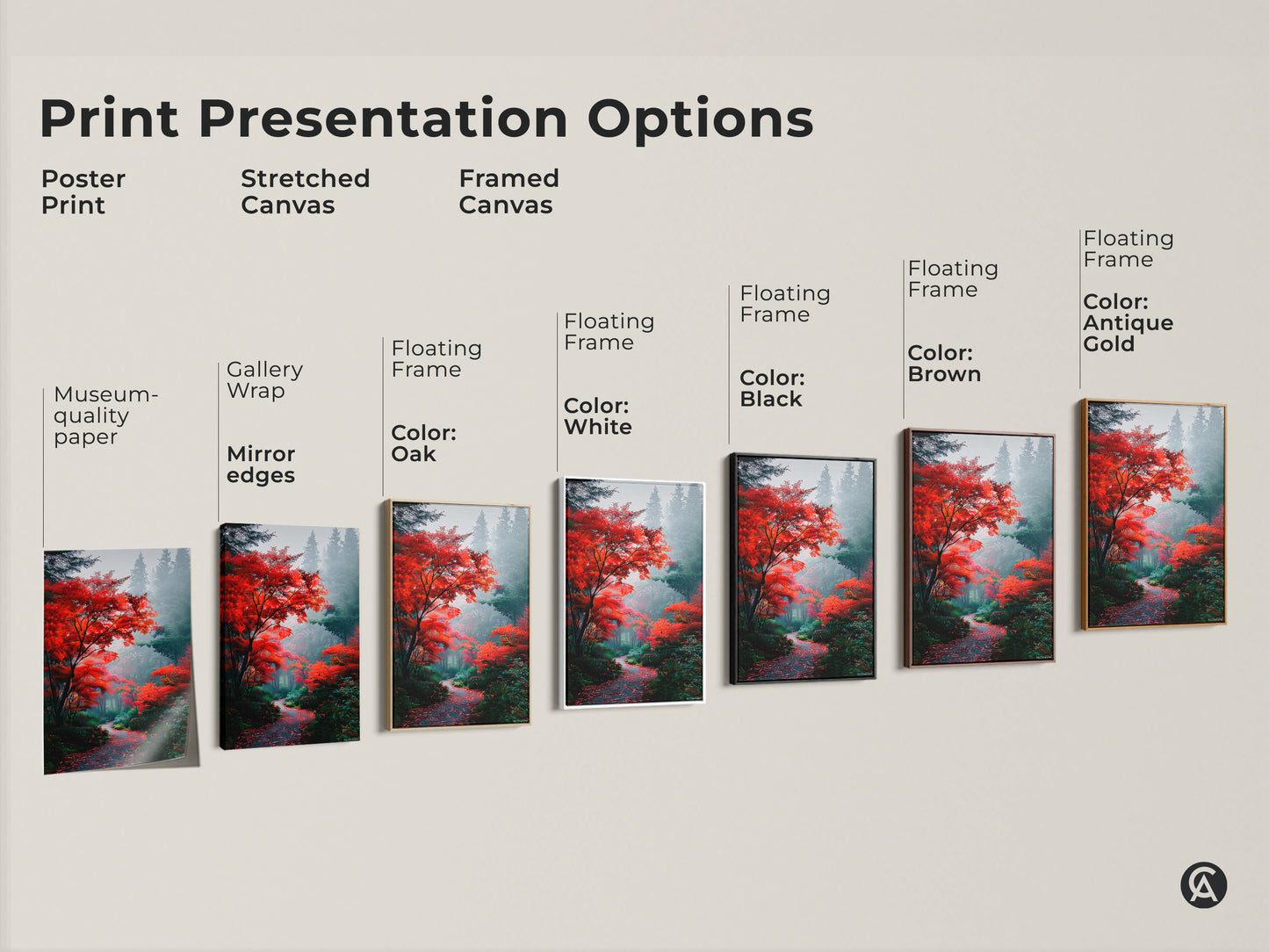 Explore print presentation options for a vibrant autumn forest artwork. Choose from poster prints stretched canvas and framed canvas. Customize with black brown antique gold or white floating frames. Find the perfect wall art for your space.