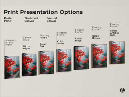 Explore print presentation options for a vibrant autumn forest artwork. Choose from poster prints stretched canvas and framed canvas. Customize with black brown antique gold or white floating frames. Find the perfect wall art for your space.