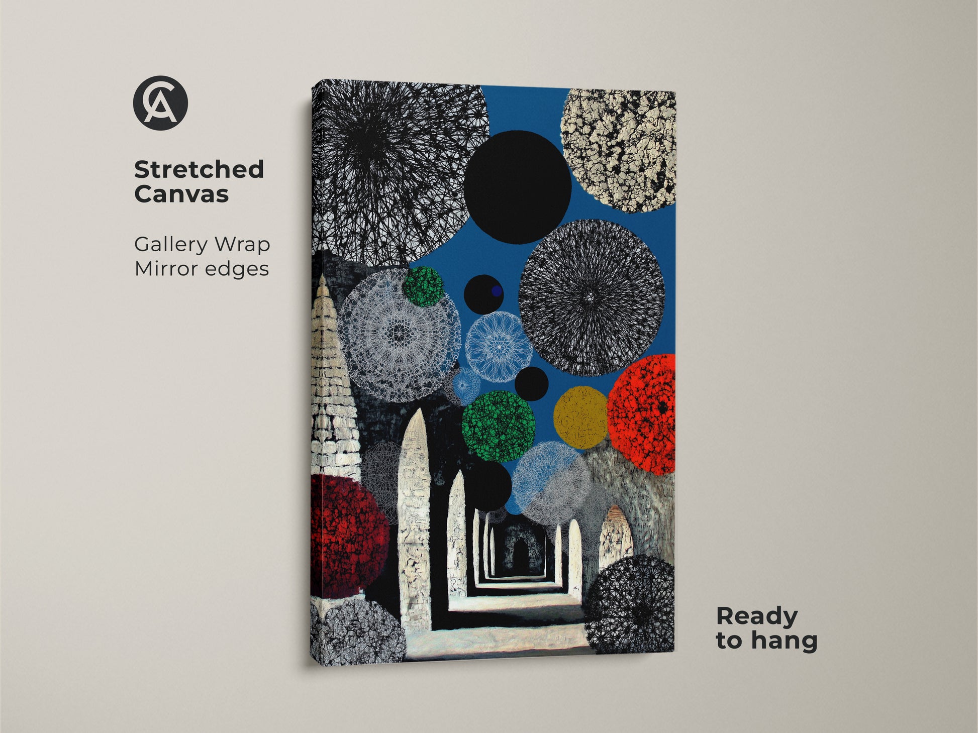 This contemporary abstract geometric wall art features blue red circles canvas. It is stretched on a gallery wrap. It has mirror edges and is ready to hang. The surrealism artwork canvas brings eclectic home decor to any space. It's perfect as office wall art or a unique housewarming gift.